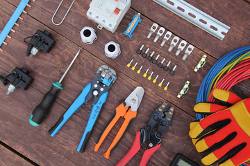 tools and equipment electrician on the table top view