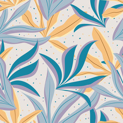 Seamless pattern of pastel tropical leaves. Vector design.