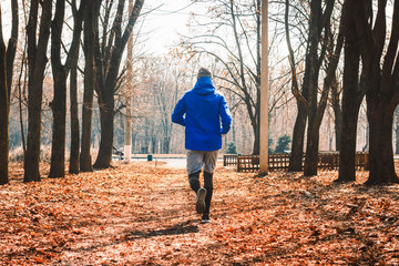 A man in a blue jacket makes a run in an autumn or spring park. Jogging concept, workout outdoor.