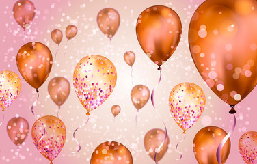 Elegant Brown Flying helium Balloons with Bokeh Effect and glitter. Wedding, Birthday and Anniversary Background. Vector illustration for invitation card, party brochure, banner