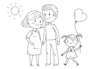 Cartoon family with pregnant woman and little children.