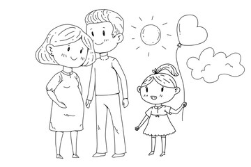 Cartoon family with pregnant woman and little children.