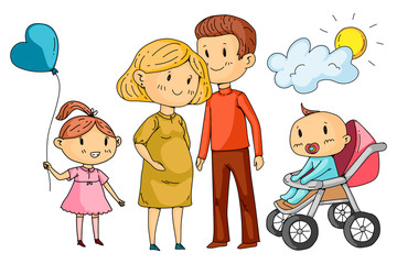 Fototapeta na wymiar Cartoon family with pregnant woman and little children.