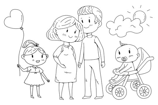 Cartoon family with pregnant woman and little children.