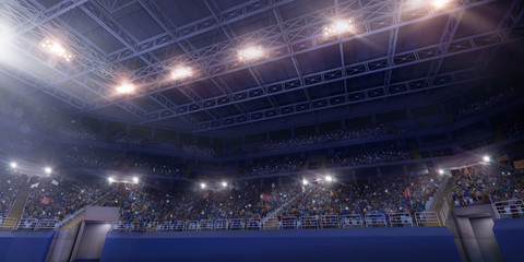 Professional gymnastic gym. Tribunes with fans. 3D illustration