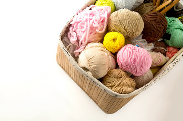 Fototapeta na wymiar Color yarn for knitting, knitting needles and crochet hooks
