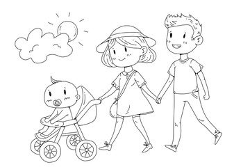 Young happy family walking in park with little children