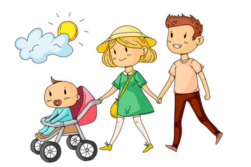 Young happy family walking in park with little children