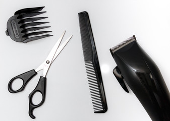 scissors and comb, hair clipper isolated on white