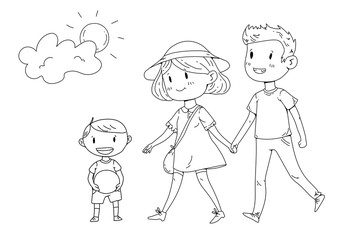 Young happy family walking in park with little children