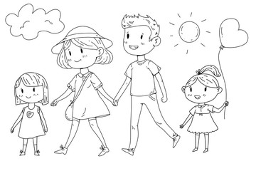 Young happy family walking in park with little children
