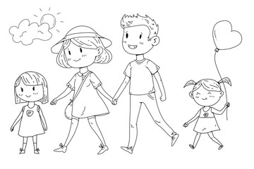 Young happy family walking in park with little children
