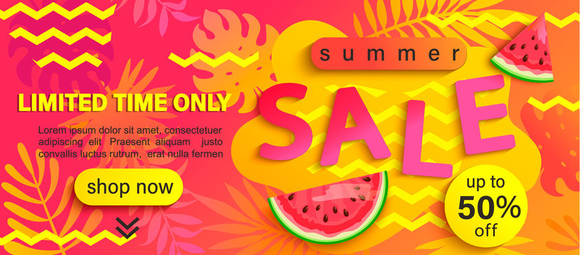 Summer Sale banner, hot season discount poster with tropical leaves for your design.Invitation for limited time shopping. 50 percent off special offer card, template for label,advertising badge,flyer.
