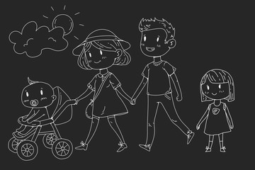 Young happy family walking in park with little children