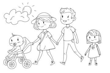 Young happy family walking in park with little children