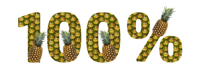 One hundred percent made from pineapple on a white background. Tropical fruit pineapple diet summer food