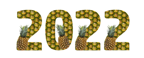 2022 made from pineapple on a white background. Tropical fruit pineapple diet summer food
