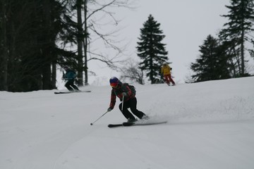 Skier down the snow-covered slopes, Sochi, Russia.