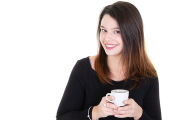 happy young woman with cup of coffee looking in white background with copy space