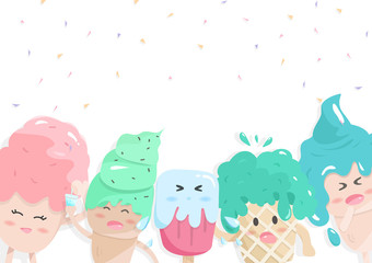 Cute ice cream cartoon carnival celebrate party in seasonal holiday, confetti falling vector background