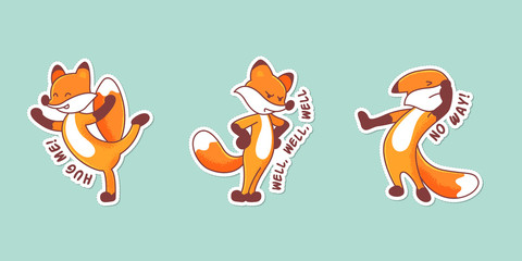 Set of three hand-drawn foxes. Colorful patch badges. Sticker pack with captions: hug me, well-well, no way. Standing on one leg fox, animal with arms akimbo and turned away character. Part 2