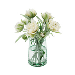 Decorative Lisianthus eustoma grandiflorum flower in glass vase isolated on white background. 3D Rendering, Illustration.