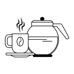 Coffee pot with coffee cup on plate in black and white