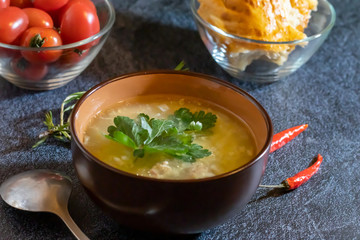 Light soup in chicken broth, with noodles and spices on a dark background. Horizontal orientation