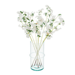 Decorative Azalea flower in glass vase isolated on white background. 3D Rendering, Illustration.