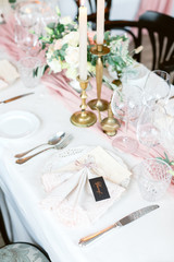 Table settings for a luxury wedding. Outdoor wedding 
