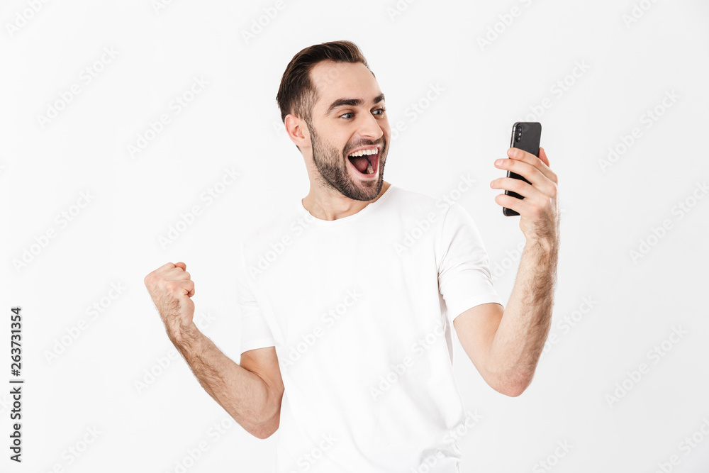 Poster Handsome cheerful man wearing blank t-shirt