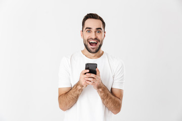 Handsome cheerful man wearing blank t-shirt