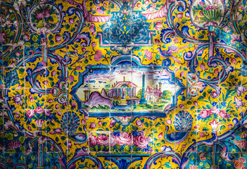 Decorated tile wall in Golestan Palace, one of the oldest historic monuments in the city of Tehran