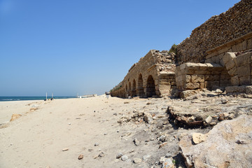 Roman aqueduct beach Caesarea Maritima Israel