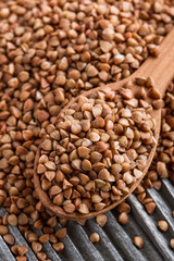 Grain buckwheat on a gray wooden background