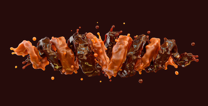 Liquid dark chocolate and caramel sauce swirls splashes twisted in two spirals form. Сombination of caramel and chocolate flavors. Clipping path. 3D render