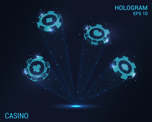 Casino hologram. Holographic projection of casino chips. Flickering energy flux of particles. Scientific design of gambling.