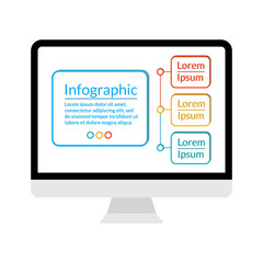 Modern computer display with Infographic data visualization template with 3 options and place for text. For process chart, report, banner, workflow, business presentation. Vector EPS 10 illustration