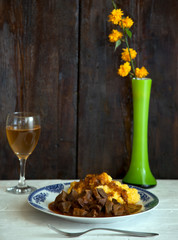 Homemade white wine and hunting lunch