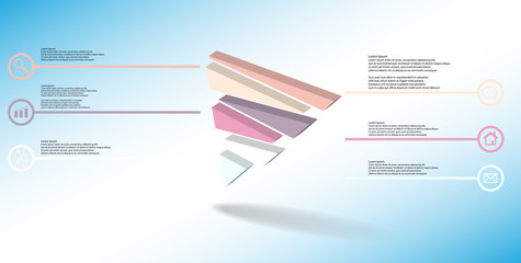 3D illustration infographic template with embossed triangle randomly divided to six shifted parts