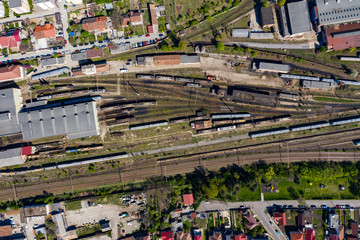 Aerial drone view of old locomotive train depo