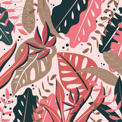 Obraz premium Background with red, brown and dark tropical leaves. Flat jungle print. Floral background.