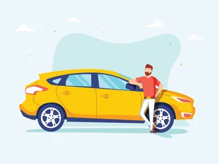 Foto op Canvas Gelukkig succesvolle man staat naast een gele auto op een achtergrond. Vectorillustratie in cartoon-stijl. © Mykyta