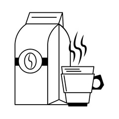 Coffee bag sealed with bean and coffee cup in black and white