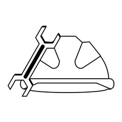 Safety helmet construction engineer and wrench in black and white