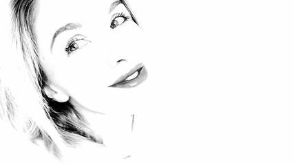 Beautiful woman smiling and flirting, Change of emotions. Black and white sketch
