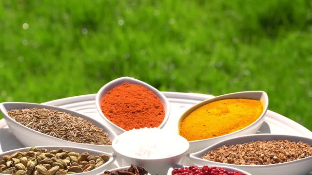 Spices. Various Indian. Spice and herbs rotate. Assortment of Seasonings, condiments. Cooking ingredients, flavor. 4K video Beautiful view