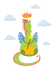 Hand drawn Cartoon cute Dragon with magical wand character - Vector