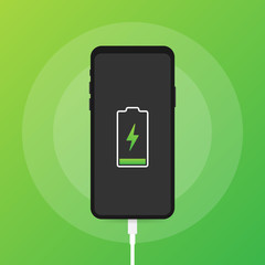 Smartphone charger adapter and electric socket, low battery notification. Vector illustration.