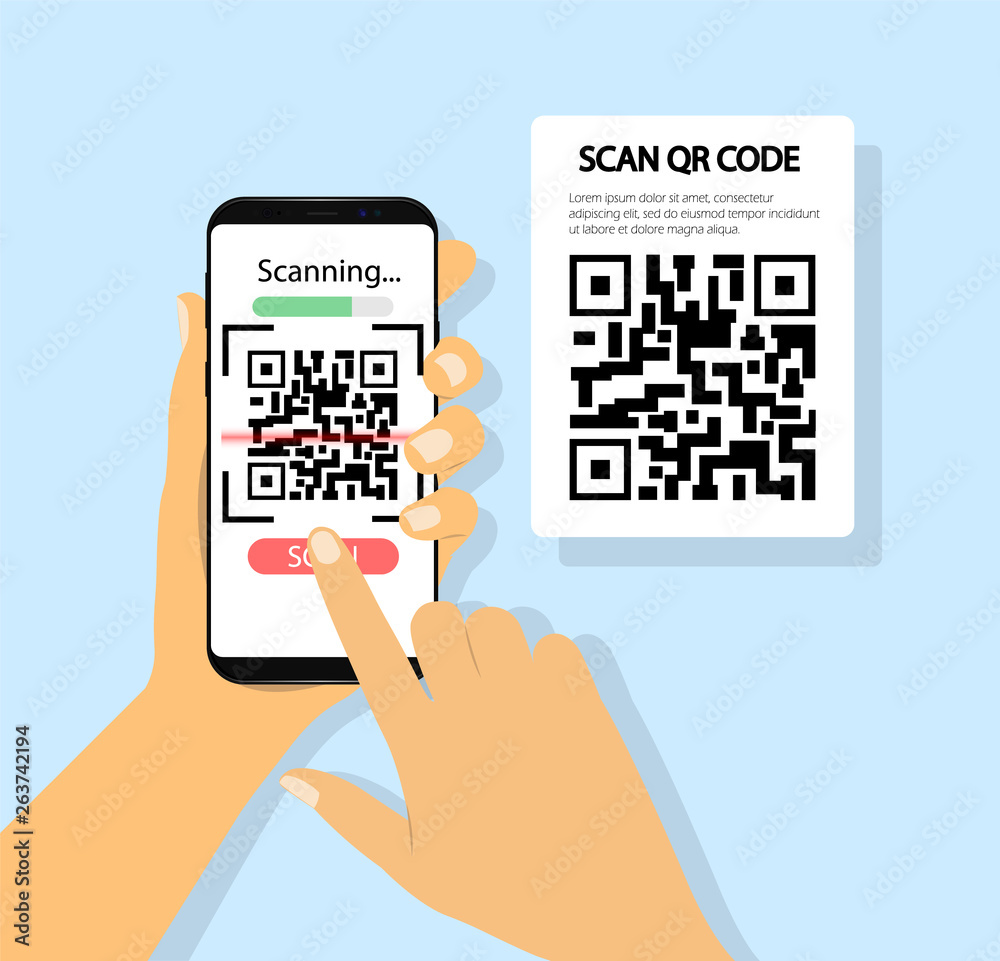 Poster scan qr code in mobile phone. phone in hand.